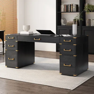 70" Extra-Large Classic and Traditional Executive Desk with Metal Edge Trim ,Writing Desk with 2 file drawers,USB Ports and Outlets,Desk with Hidden Compartment for Living Room,Home Office,Study Room