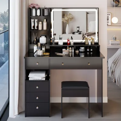 41" Large Sized Desktop Vanity Table + Cushioned Stool, Oversized desktop, Large Touch Control LED Mirror, 3-color Switch, Multi Layer High Capacity Storage Fashion Dresser, EPA, GCC, UL Certificate