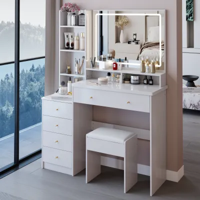 41" Large Sized Bedside Cabinet Vanity Table + Cushioned Stool, Extra Large Touch Control LED Mirror, 3-color Switch, Multi Layer High Capacity Storage Fashionable Dresser, EPA, GCC, UL Certificate