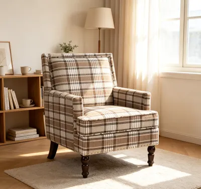 Upholstered Accent Chair, Vintage Armchair with Solid Wood ,Brown Legs,Linen Fabric and Nailhead Trim for Living Room