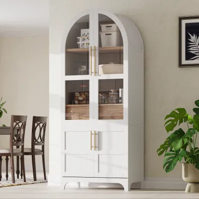 K&K 71" Tall Arched Kitchen Pantry Cabinet with Door Shelves, Farmhouse Kitchen Storage Cabinet with Open & Adjustable Shelves, Hidden Drawer & Glass Door, Cupboard for Kitchen, Dining Room, White