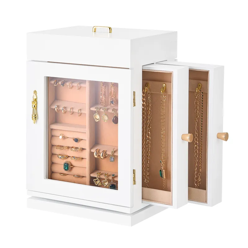 Jewelry Box 360° Rotating Jewelry Organizer with Built-in 4 Necklace Hooks White