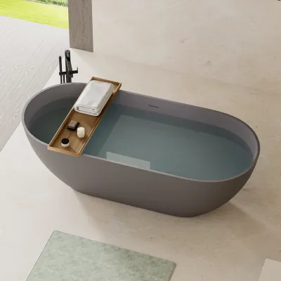 63" Luxury Solid Surface Bathtub, Stone Resin Freestanding Soaking Bathtub with Overflow and Pop-up Drain for Contemporary Bathroom, Matte Grey GF-23S03-63MG