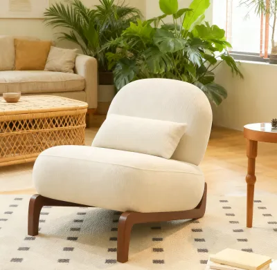 Cute Accent Chair with Solid Wood Legs, Living Room Chair with Soft Fabric Cushion, Cozy Bedroom Chair, Comfy Armless Reading Chair for Apartment, Waiting Room, Balcony (White)