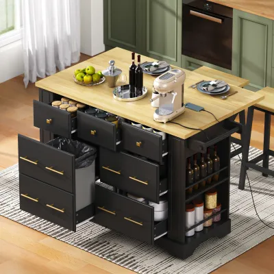K&K Kitchen Island with 6 Drawers, Pull Out Trash Can Storage, Rolling Kitchen Island on 5 Wheels with Drop Leaf, Power Outlet, 5 Open Side Racks for Kitchen, Dining Room, Black