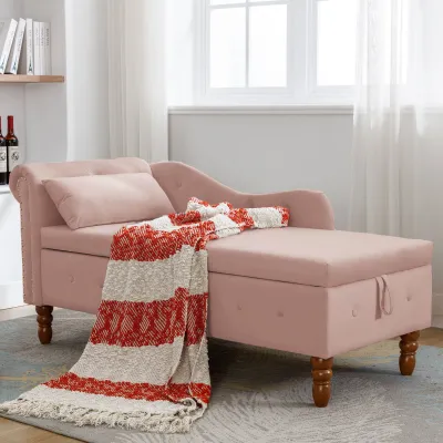 Pink Chaise Lounge Indoor,Velvet Lounge Chair for Bedroom with Storage & Pillow,Modern Upholstered Rolled Arm Chase Lounge for Sleeping with Nailhead Trim for Living Room Bedroom Office