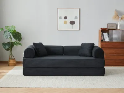 78.8" Compression Sofa,Convertible Floor Sofa Bed-with Pillow Back Support Armrest,Comfy Futon Couch Sleeper Bed,Loveseats Boneless Modular Sectional Sofa,Corduroy fabric,for Living Room,Bedroom,Black