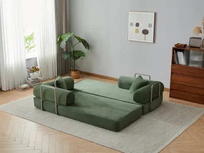 78.8" Compression Sofa,Convertible Floor Sofa Bed-with Pillow Back Support Armrest,Comfy Futon Couch Sleeper Bed,Loveseats Boneless Modular Sectional Sofa,Corduroy fabric,for Living Room,Bedroom,Green