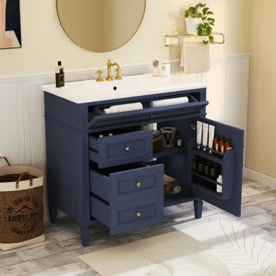 36'' Bathroom Vanity with Top Sink, Modern Bathroom Storage Cabinet with 2 Drawers and a Tip-out Drawer, Single Sink Bathroom Vanity