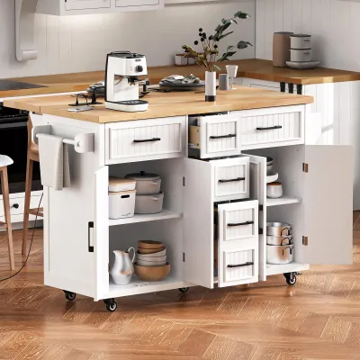 K&K 56.5'' Kitchen Island with Drop Leaf, Power Outlet, Embossed Vertical Stripe Rolling Kitchen Cart on Wheels with 4 Doors , 5 Deep Drawers and Adjustable Shelves, for Kitchen, Dining Room, White