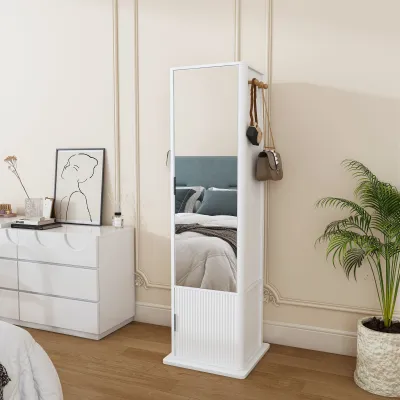 360° rotating makeup cabinet, jewelry cabinet with a full-length mirror, standing storage cabinet with a coat rack, 4 layers of open shelves and 2 layers of built-in shelves, white