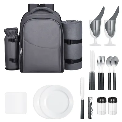 Beach Picnic Backpack Bag for 2 Person with Cooler Compartment Grey