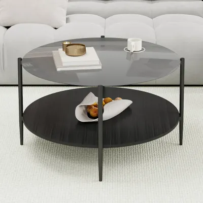 Modern Round Coffee Table with Black Tempered Glass Top + Solid Walnut Wood Storage Shelf, Sleek Black Legs, 32.28" Diameter, Stylish and Functional Centerpiece for Living Room