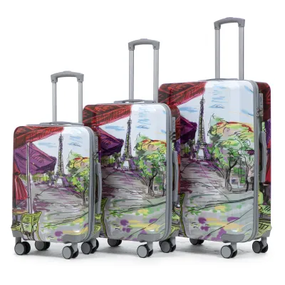 20"/24"/28" 3 pcs/set in PC Spinner Wheel Luggage, Carry on Suitcase, With Printed pattern and Combination Lock (Coffee+Iron Tower)