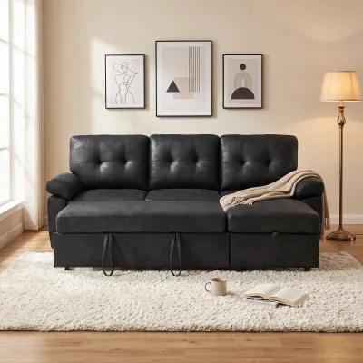 88.5" Convertible L-Shaped Pull-Out Sectional Sofa Bed with Storage Chaise,and Soft and Soft Padded Armrests