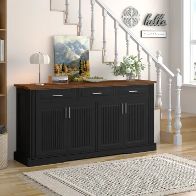 63" Fluted Sideboard Buffet Cabinet with Storage, Modern Coffee Bar Station with 4 Doors and 3 Drawers, Wood Kitchen Storage Console Table for Living Room Dining Room Entryway, Black