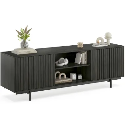 Mid Century Modern TV Stand for TVs Up to 75", Farmhouse Fluted TV Stand, Retro Wood TV Stand with Storage and Shelf, Entertainment Center with Pop-Up Doors for Living Room, Bedroom