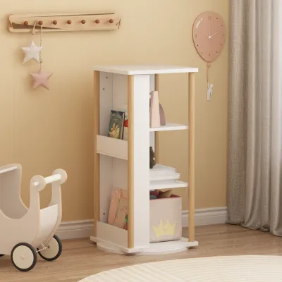360° Rotating Kids Bookshelf with Chalkboard, 3-Tier Wood Floor Revolving Bookcase & Toy Storage Organizer, Picture Book Display Stand for Toddlers, Nursery & Playroom, White and Natural