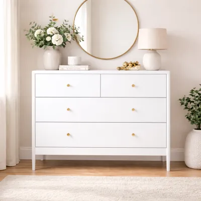 White 4-Drawer Kids Dresser, Wooden Storage Cabinet for Toddler Bedroom, Nursery, Closet, Baby Nightstand Organizer for Living Room or Apartment, 35.4" Wide