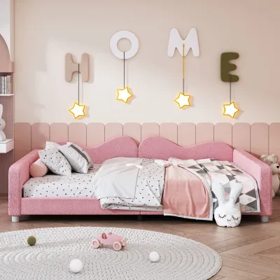 Full size Upholstered Daybed, Sherpa Fabric Sofabed with Cloud-Shaped Backrest, No Box-spring Needed, Pink(Old SKU: WF532069AAH)