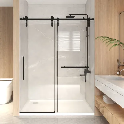 44-48" x 76" H Frameless Sliding  Shower Door, 5/16" (8mm) Clear Tempered Glass, Stainless Steel Frame,Matte Black