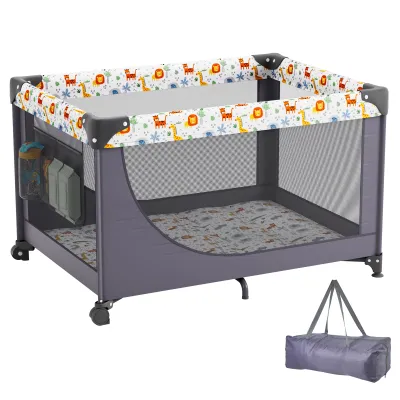 Baby Playpen Quick-Folding Portable Baby Toddler Fence Play Yard & Wheels