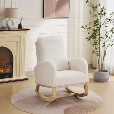 27.2"W Rocking Chair for Nursery, Sherpa Glider Chair with High Back and Side Pocket, Rocking Accent Armchair with Rubber Wood Legs for Living Room/Bedroom.Ivory