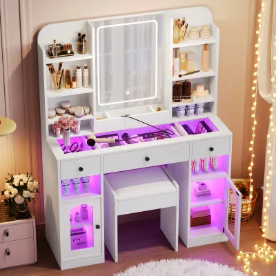 43.2" Vanity Desk with LED Mirror and Lights, Glass Top Vanity with RGB Glass Light Cabinets, Dressing Table with 3 Drawers ,Storage Shelves and Stool for Bedroom, White
