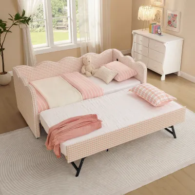 Cozy Gingham Daybed with Trundle Twin Size Sofa Bed No Box Spring Needed, with USB Port and Adorable Wave Shaped, Linen Fabric, Pink
