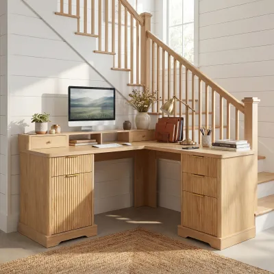 59" Modern Fluted L-Shaped Desk with Charging Station & Storage Cabinet - Home Office Computer Desk with Monitor Stand, File Drawer and Removable Support Shelf for Study, Home Office, Natural