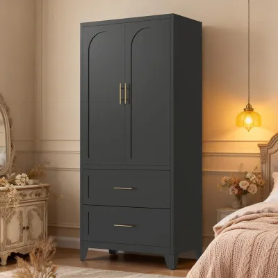 71" Tall Metal Wardrobe Cabinet with 2 Drawers and Hanging Rod, 2 Doors Wardrobe Closet with Shelf for Bedroom, Office, Laundry Room,Entryway ,Foyer,Guesthouse (Black)