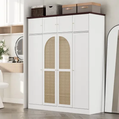 70.87"Tall 8-Door Large Capacity Armoire Wardrobe Closet with Hanging Rod, Adjustable Shelves and Rattan Decorative Doors, Clothing Storage Cabinet for Bedroom, walk-in closet, Living Room, White