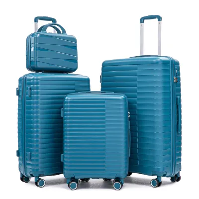 14"/20"/24"/28"  4 pcs/set in PP Spinner Wheel Luggage, Carry on Suitcase, Iron Pull Rod, Combination Password Lock, 14" Cosmetic Case (Blue)