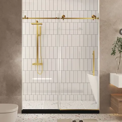 Frameless shower door 56-60 "W x 76" H, 1/4 "(6 mm) Clear Tempered Glass, Explosion Proof Film, Stainless Steel Handle,Brushed Gold