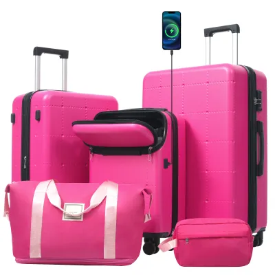 Hardside Luggage Set 5 Piece with Bags,20IN Half-opening Carry on Luggage with USB Port, Expandable 24IN 28IN Luggage with Double Spinner Wheels TSA Lock
