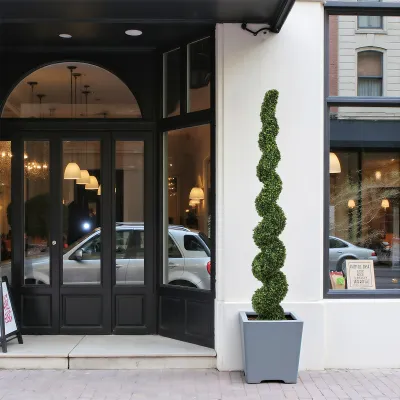 7FT Spiral Topiary Trees Artificial Outdoor Faux Boxwood Plants Large Twisted Green Potted Trees with Light Green Leaves for Garden Front Porch Patio Planter Decoration, 1pc/set