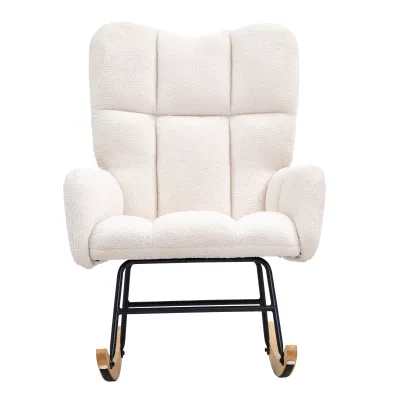 Rocking Chair Nursery, Glider Rocking Chair with Soft Seat and High Backrest, 250 lbs Weight Capacity Teddy Fabric, Upholstered Glider Rocker Chair for Nursery, Bedroom, Living Room, Ivory White