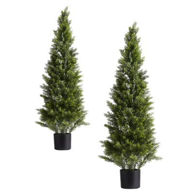 Artificial Topiary Cedar Trees, 48 inch 2 Set Faux Pine Shrubs Plants, Fake Silk Tree Look Real, Easy Assembly for Decor Front Porch Outdoor Patio Garden Balcony Backyard Indoor Office