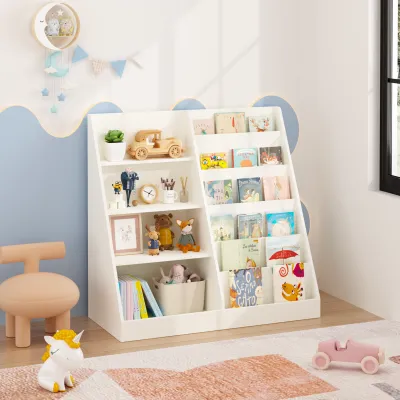 Kids Bookshelf and Toy Storage Organizer, Multifunctional 4 Tier Wooden Kids Book Shelf with  Bookcase Display Stand in Kids Room Playroom Nursery for Kids, Children, Toddlers (White)