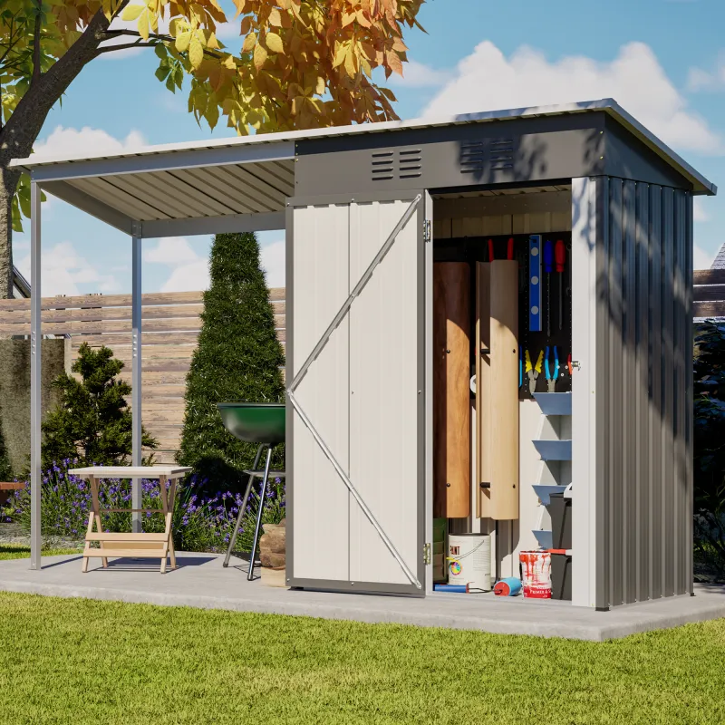 Durable 5x3FT Galvanized Steel Shed & Gazebo Combo, Easy Assembly Lean-To Storage with Open Pergola, All-Weather 2-in-1 Garden Shed for Tool Storage, Patio, Backyard