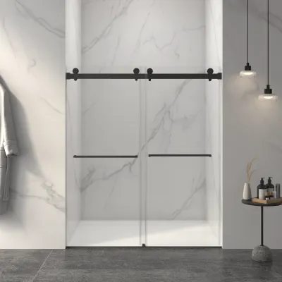 56-60"W x 70"H Frameless Double Sliding Shower Door,5/16" (8mm) Thick SGCC Tempered Clear Glass,Double Side Easy Clean Coat, Matte Black Finished With Buffer