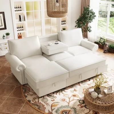U_STYLE 95" Convertible Sectional Sleeper Sofa with Storage Chaise, Pull-Down Backrest with 2 Cup Holders, Arc Armrests with Nailhead Trim, Warp Knitting Polyester Fabric, Acacia Wood Frame