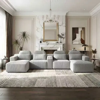 Modern  grey corduroy 6-seater U-shaped sofa with lounge chair and cup holder -145.7 inch oversized modular compression sofa, suitable for home theaters, luxury living spaces, tool free assembly