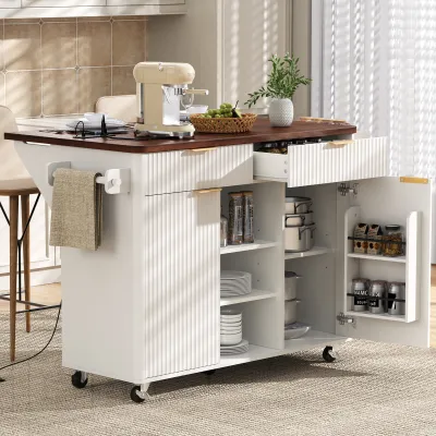 K&K 52" Fluted Kitchen Island with Drop Leaf, Power Outlet,  Kitchen Storage Cart with Adjustable Shelves, 2 Doors and 2 Drawers, Rolling Island Table with Walnut Color Top for Kitchen, White