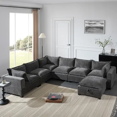 [VIDEO]117.5'' Modular Sectional Sofa with Movable Storage Ottoman, 7 Seat U Shaped Couch, Wide Seat & Free Combination, Oversized Chenille Sofa for Living Room & Apartment, 2 Colors