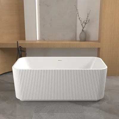 59"Rectangle Linear Acrylic Freestanding Bathtub Stand Alone Soaker Tub, Glossy White Acrylic, POP-UP Chrome Drain, cUPC Certified,