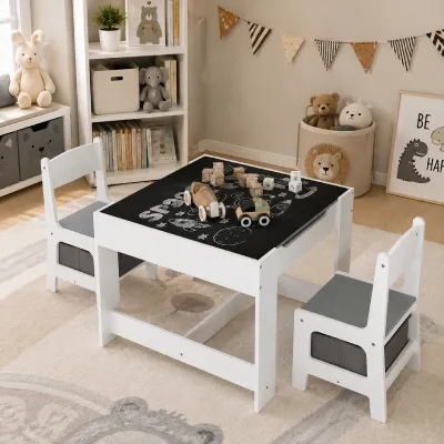 Kids Table and Chair Set, 3 in 1 Wooden Activity Table with Storage Drawer for Toddlers Drawing, Reading, Crafts, 2 in 1 Detachable Tabletop Table Set for Nursery, Playroom