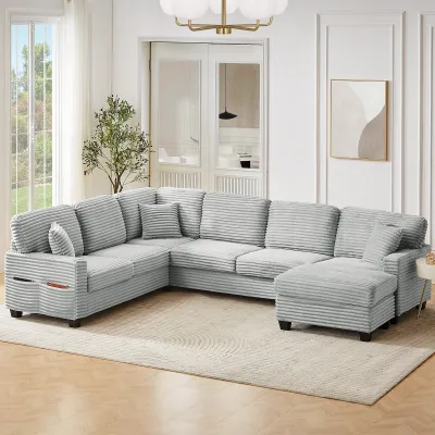 Sectional Sofa U-shaped Sectional 125.2" Upholstered L-shaped Sofa with a Movable Ottoman and Side Storage Pockets for Living Room, Grey