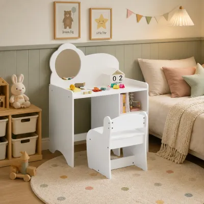 Kids Vanity Table with Mirror and Chair, Wooden Children's Dressing Makeup Desk with Storage Shelves, Study and Activity Table for Girls and Boys, Playroom Bedroom Furniture - White