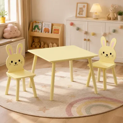 Kids Table and Chair Set with 2 Bunny Chairs, Children's Wooden Activity Table for Toddlers, Cute Animal Design Study Play Set for Playroom, Bedroom, Classroom - Cream Yellow